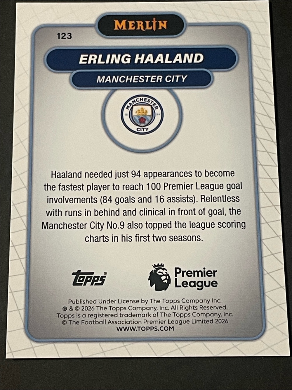 2026 Merlin Premier League Erling Haaland Manchester City #123 Base Card - Picture 5 of 6